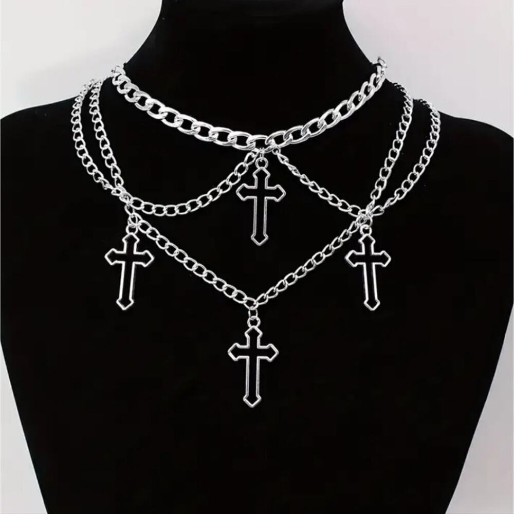 Layered chain gothic cross silver tone necklace - Picture 3 of 4